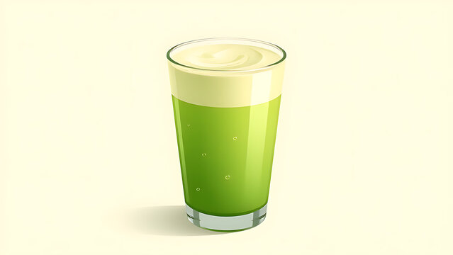 Minimalist vector art, matcha latte with foam, bright green gradient, glass reflections, subtle bubble details, light beige backdrop, clean edges, no logo, no words, stock illustration style