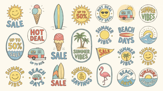 Retro summer sale badges and beach stickers collection, vintage hand drawn sun and surf elements, 21 colorful seasonal marketing icons