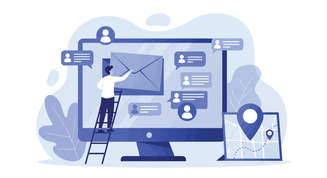 Professional digital marketer using ladder to place email marketing messages on large computer screen for communication and business location mapping strategy.
