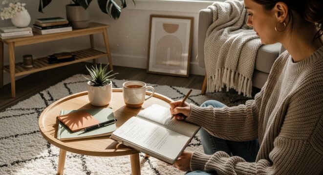 Creative Contemplation: A woman engrossed in journaling, immersed in the tranquil ambiance of a cozy living space, cup of tea by her side.