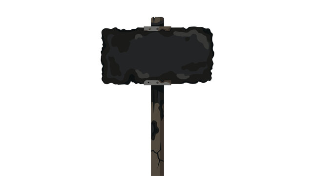 A weathered wooden signpost featuring a heavily scorched and darkened plank mounted on a solitary dark pole stands isolated against a clean white background.