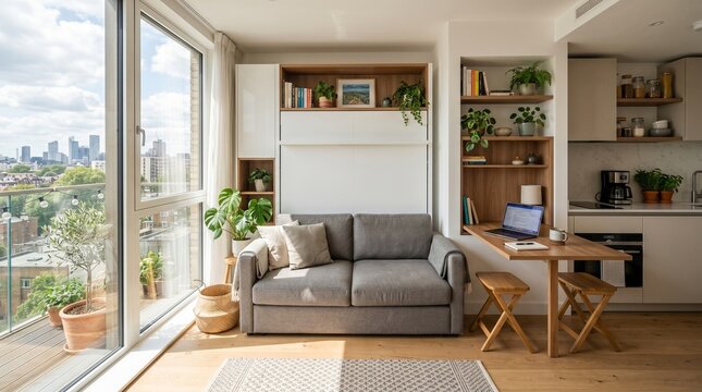 Bright Scandinavian Studio Apartment Interior with Space Saving Furniture and Home Office