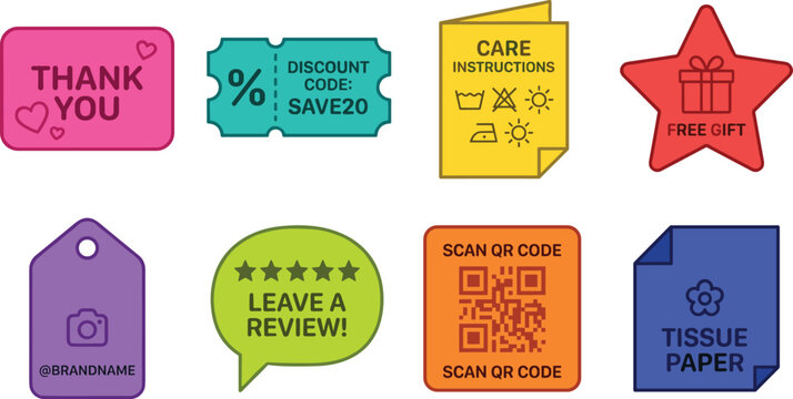 E-commerce and Retail Label Set, Discount Code, Care Instructions, Thank You, Review, Gift, QR Code, and Product Packaging Tags