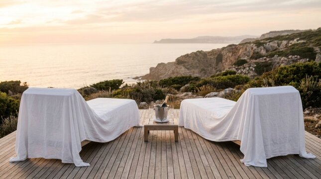 Exclusive luxury summer vacation resort, private teak wood deck with empty sun loungers, chilled champagne and infinity pool overlooking the Mediterranean sea at golden hour sunset