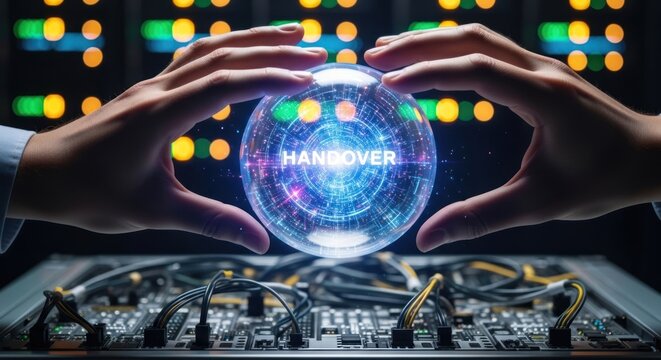 Hands holding glowing digital sphere with handover text over server hardware, for seamless professional transition, business continuity, successful project completion