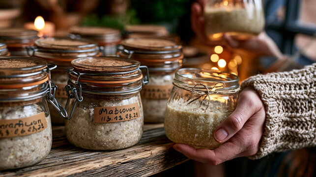Rows of sourdough starters labeled with names and dates on a reclaimed wood shelf, a baker holding a jar up to window light to check activity, warm tones, perfect for fermentation craft, artisan bre