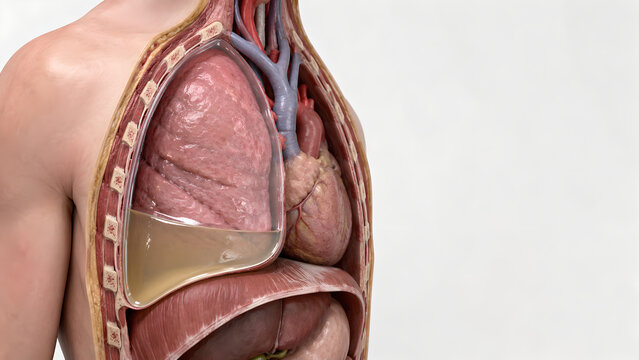 Posterior Basal Thorax Cutaway Pleural Effusion, Dependent Fluid Accumulation, Compressed Lung, Pleural Cavity, Diaphragm, Tracheobronchial Anatomy, Medical 3D Render