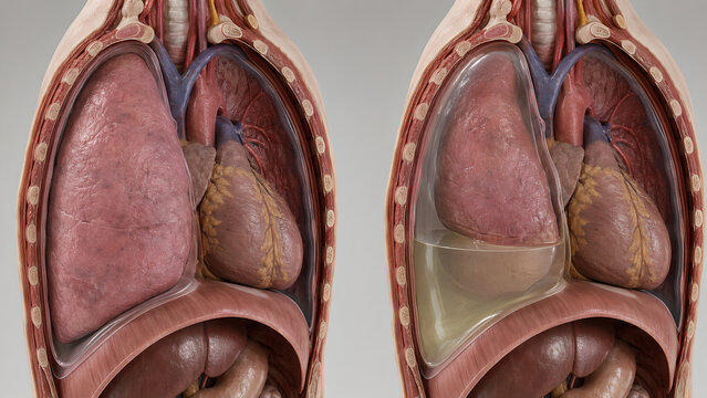 Posterior Basal Thorax Cutaway Pleural Effusion, Dependent Fluid Accumulation, Compressed Lung, Pleural Cavity, Diaphragm, Tracheobronchial Anatomy, Medical 3D Render