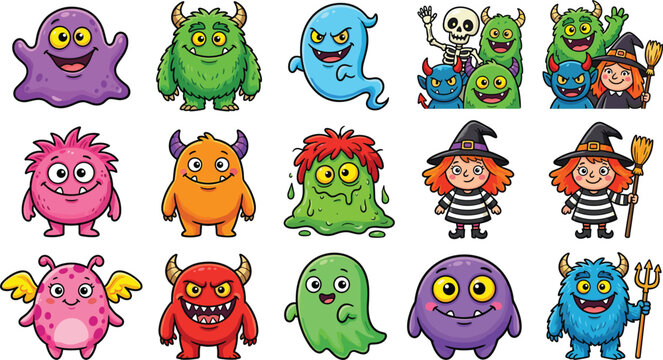 Cute Halloween Monster Collection with Ghosts Devils and Witch Characters Vector Illustration Set