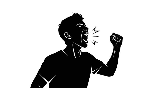 Angry Man Shouting and Fist Pumping - Silhouette Vector Illustration