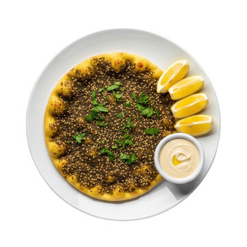 Zaatar manakish manakeesh with lemon and tahini dip, isolated on transparent background