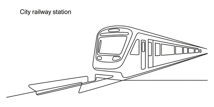 Continuous line drawing of a modern city train moving on the tracks