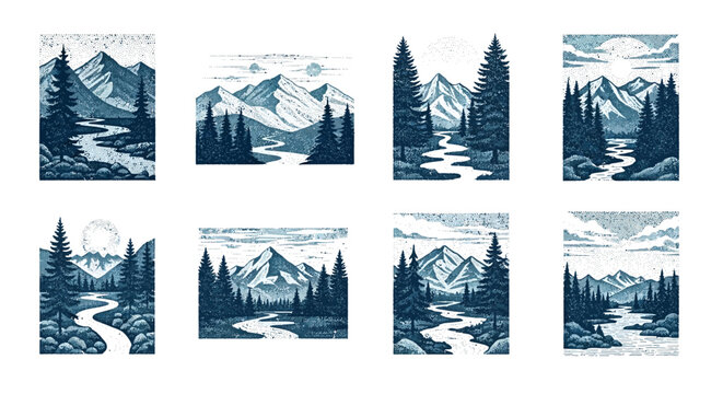 Scenic Mountain River Landscape Illustrations Set, Pine Trees, Nature Scenery