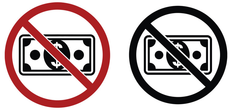 No money symbol icons set, minimalist prohibition style finance icon collection showing lack of funds, budget restriction, financial crisis warnings, payment denial, and economic limitation concepts.
