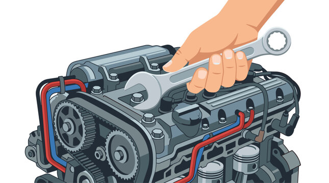 A human hand holds a silver wrench to tighten a bolt on a detailed automotive engine block in an isolated flat vector illustration design style.