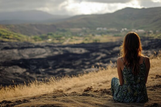 Contemplative Woman Gazes Over Pele's Volcanic Hawaiian Paradise of Lava Fields and Lush Valleys