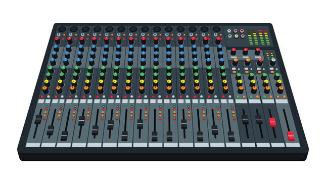 A professional audio mixing console features numerous faders, knobs, and digital LED indicators for sound production in a high-angle view on a neutral studio background.