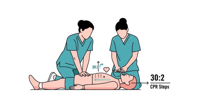 Two nurses performing CPR on a patient with a 30 to 2 ratio.