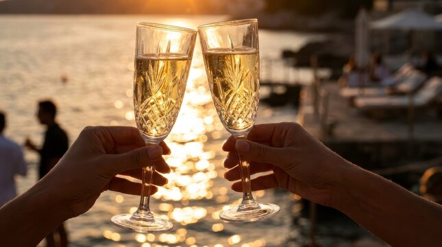 Exclusive luxury summer vacation resort, private teak wood deck with empty sun loungers, chilled champagne and infinity pool overlooking the Mediterranean sea at golden hour sunset