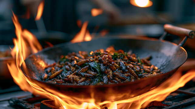 Silkworm pupae being stir fried in a wok over high flame, chef tossing with confidence, dramatic shadows from a single overhead light in a street stall setting, ideal for insect protein, Asian stree