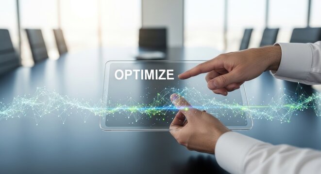 Businessman touching holographic screen with word optimize, for strategic growth, digital efficiency, corporate success, process improving business performance