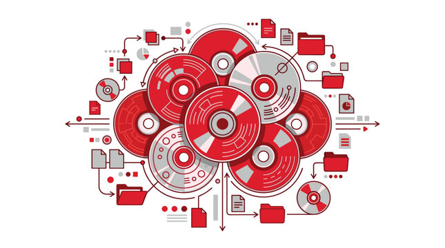 A dynamic arrangement of compact discs and digital versatile discs surrounded by abstract data flow arrows and file icons.