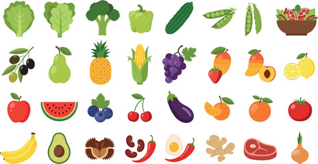Obraz premium Colorful Food Set Featuring Vegetables, Fruits, and Ingredients Including Lettuce, Pineapple, Avocado, Peppers, Meat, and More for Healthy Food Illustrations