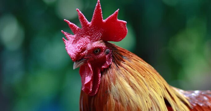 Rooster, Colorful rooster with bright red comb and glossy feathers against a blurred natural background, Bantam chicken, close-up