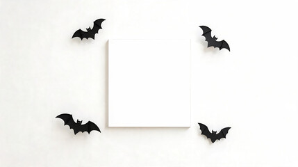 Fototapeta premium Halloween Interior Mockup Blank White Square Wall Art with Flying Bat Ornaments. halloween, mockup, canvas, square, frame, blank, white, wall, bats, black, spooky, decor, poster, interior, minimalist.