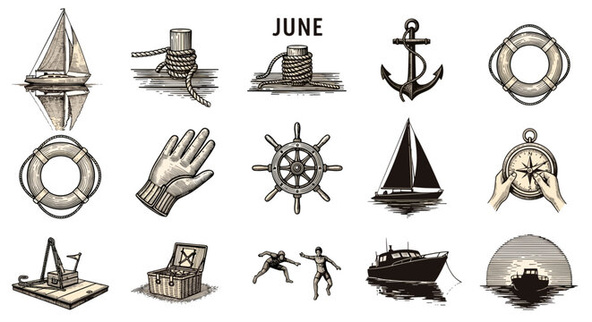 adobe Nautical icons set including ship wheel anchor sailboat lighthouse compass and more on white background flash