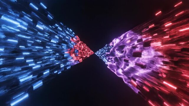 Blue and red energy streams colliding on black background