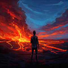 Fototapeta premium Silhouette of man watching dramatic volcano eruption and lava flow painting