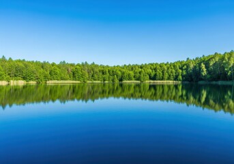 Obraz premium Calm blue lake water reflecting the bright summer sunlight, surrounded by dense green forest and natural woodlands under a clear sky, sunlight, green, summer