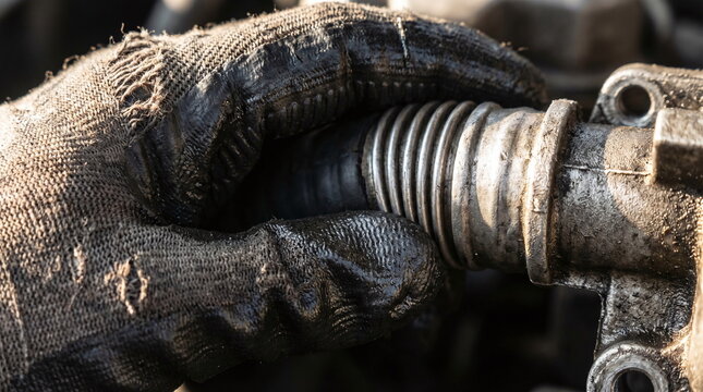 Close up of a mechanic's hand in a dirty, oily, and torn work glove holding a metal hose during an engine repair