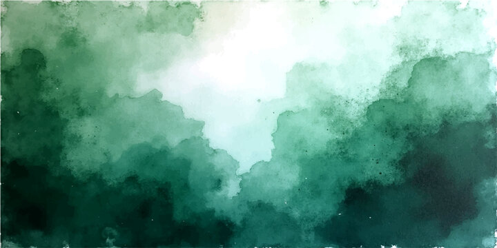 Emerald green watercolor background with organic wash textures, abstract forest mist painting in teal and sage tones, artistic watercolor splash vector for elegant wedding invitations