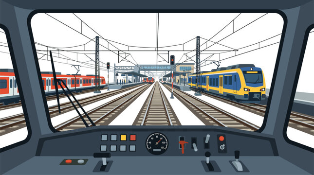 A driver perspective inside a modern electric train cockpit featuring control levers and a speedometer while approaching a railway station platform on a bright white background.