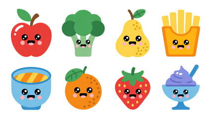 Fototapeta premium Colorful happy cartoon fruits and vegetables with cheerful faces Vector