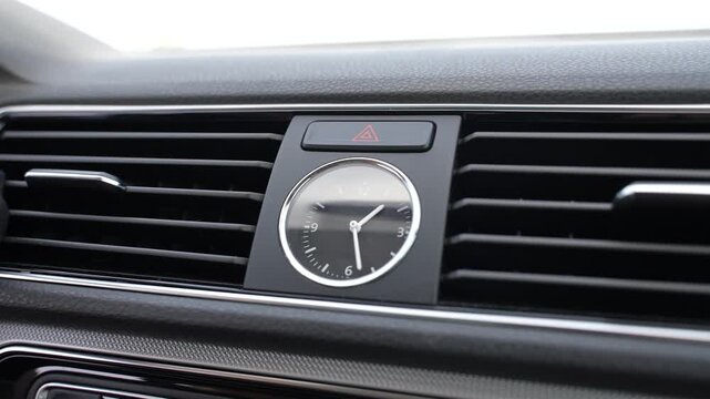 Analog Clock on Modern Car Dashboard Interior Close Up