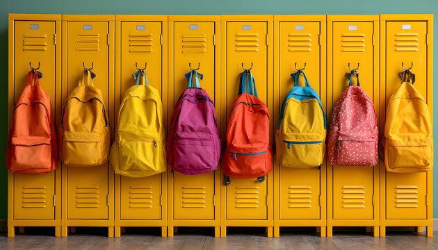 Bags of varying sizes and colors are neatly arranged on yellow school lockers, with kids getting ready for lessons. Children start school and students prepare for study.