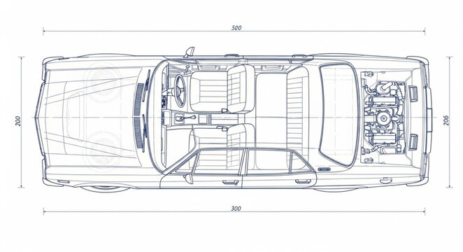 Top view blueprint of a classic car with dimensions.