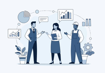 Diverse business team stands together with various charts and graphs surrounding them, symbolizing collaborative analysis and strategic planning. © Risje Kfhe