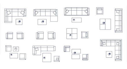 Fototapeta premium Linear Furniture Floor Plan Symbols with Sectional Sofas and Coffee Tables for Interior Design Layout