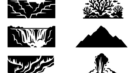 Minimalist landscape icons set, black and white nature symbols including mountains and waterfalls, 6 vector elements for travel branding © Zubaraj