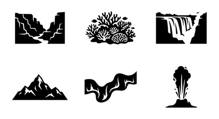 Nature Landscape Icons Set, Mountain, Waterfall, Volcano, Coral Reef, River, Canyon Vector Graphics for Environmental Design © Zubaraj