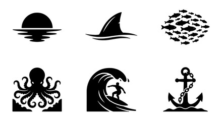 Nautical Icon Set: Ocean Sunset, Shark Fin, Fish School, Octopus, Surfer, Anchor Vector Graphics for Marine Themes © Zubaraj