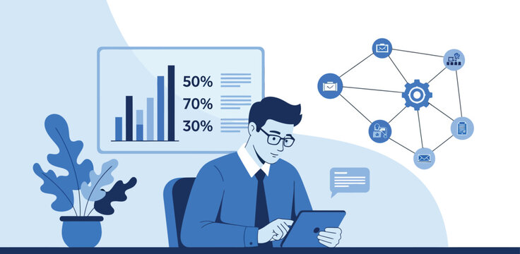 Business analyst using digital tablet for data management with financial charts and gear connection icons representing technical strategy and workflow plan.
