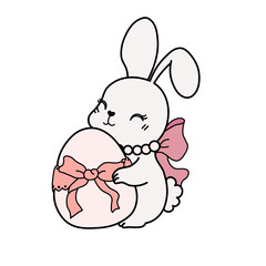 Cute easter bunny with a decorated egg and pink ribbons, suitable for holidaythemed designs and easter greetings for cards or social media posts. © Sawah Maya