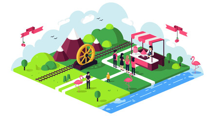 Naklejka premium A vibrant green living community thrives in a sustainable landscape with a train, food truck, and people enjoying the outdoors.
