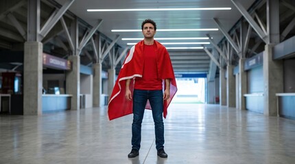Fototapeta premium Turkey football fan standing with flag in stadium corridor
