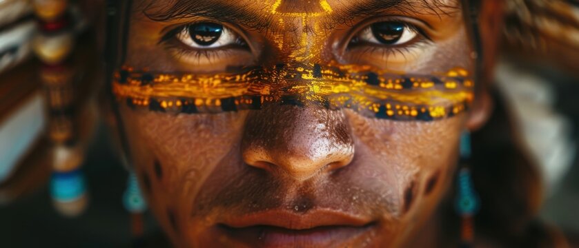 Kinich Ahau Mayan Sun God Ceremonial Portrait with Ritual Face Paint Headdress Feathers and Earrings